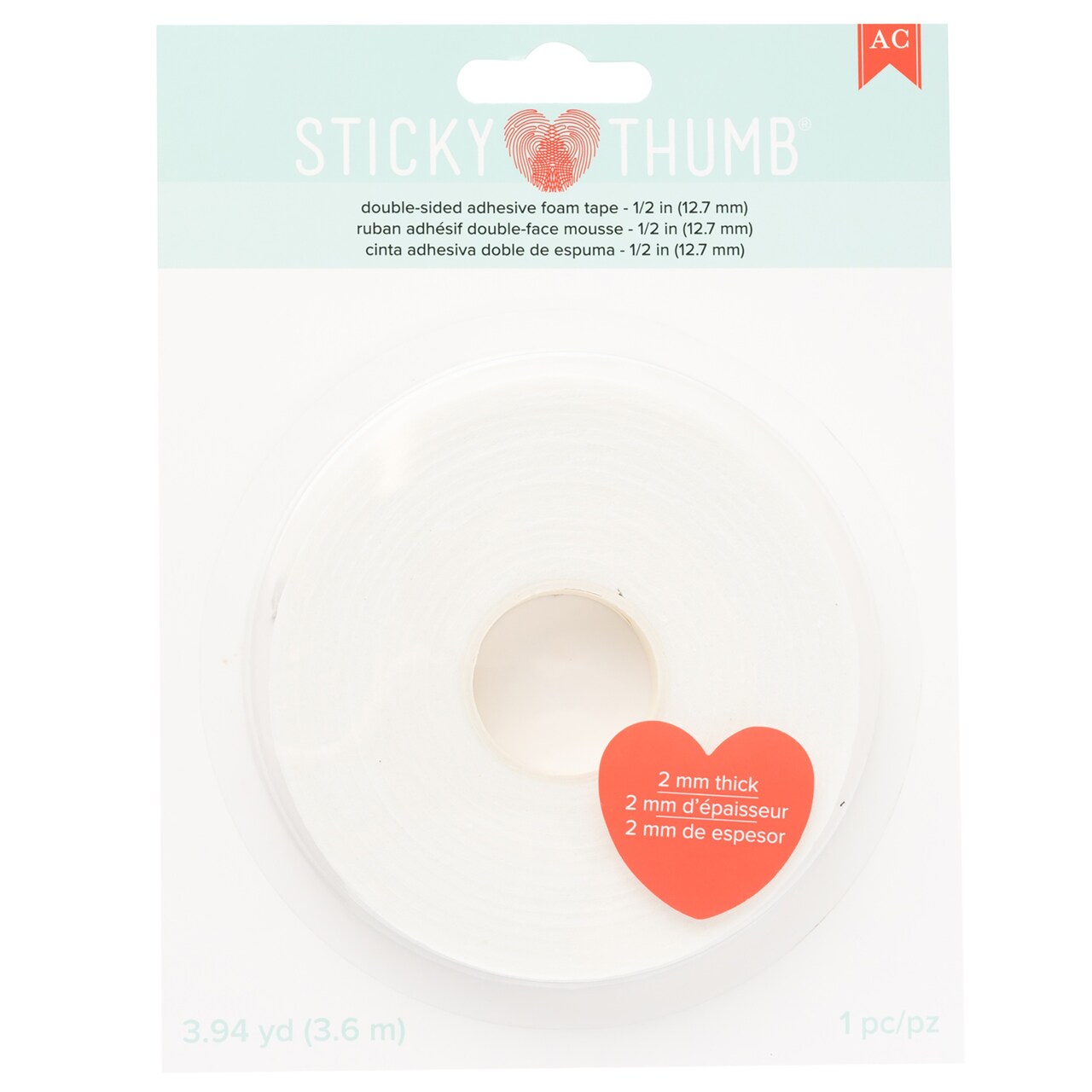 Sticky Thumb Double-Sided Foam Tape 3.94 Yards-White, 0.50"X2mm